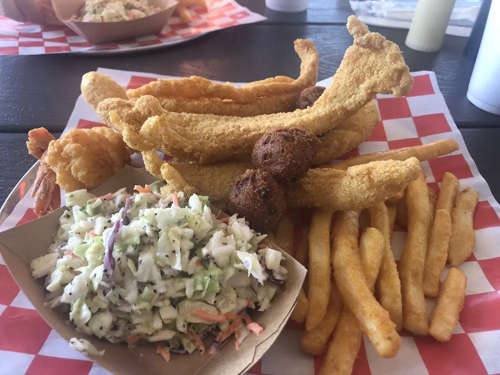 Fried Catfish Basket with Shrimp Cole Slaw and Chips Fries